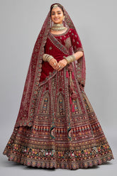 Maroon Velvet Designer Bridal Lehenga with Double Dupatta